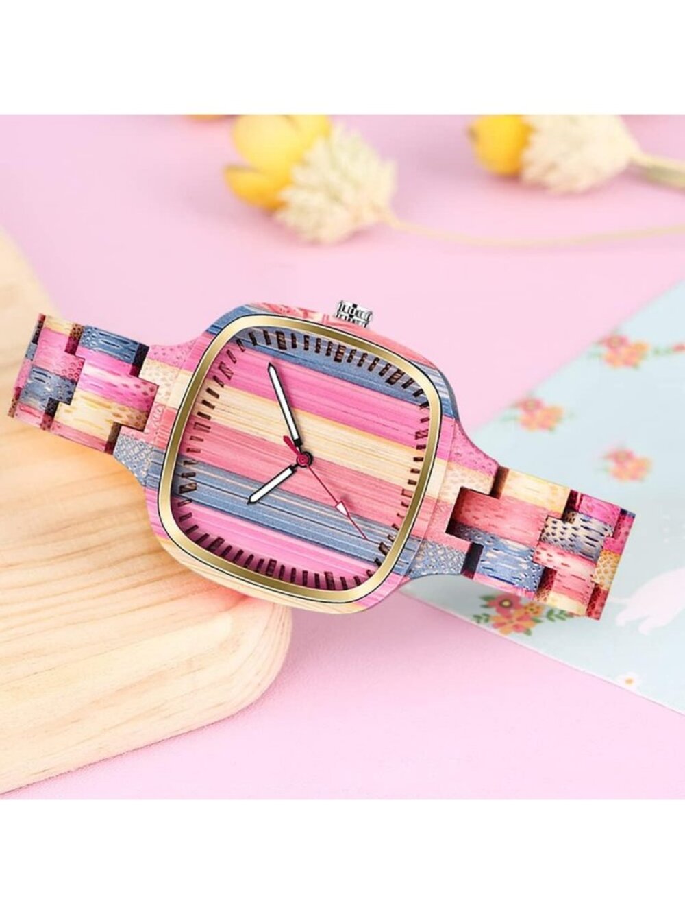 Women's Pink All Wood Strap Analog Classic Design Colorful Bamboo Wrist Watches - Picture 3 of 6